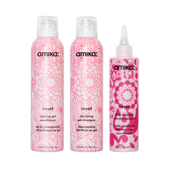 detox set | reset clarifying gel shampoo, cooling gel conditioner + pink charcoal scalp cleansing oil