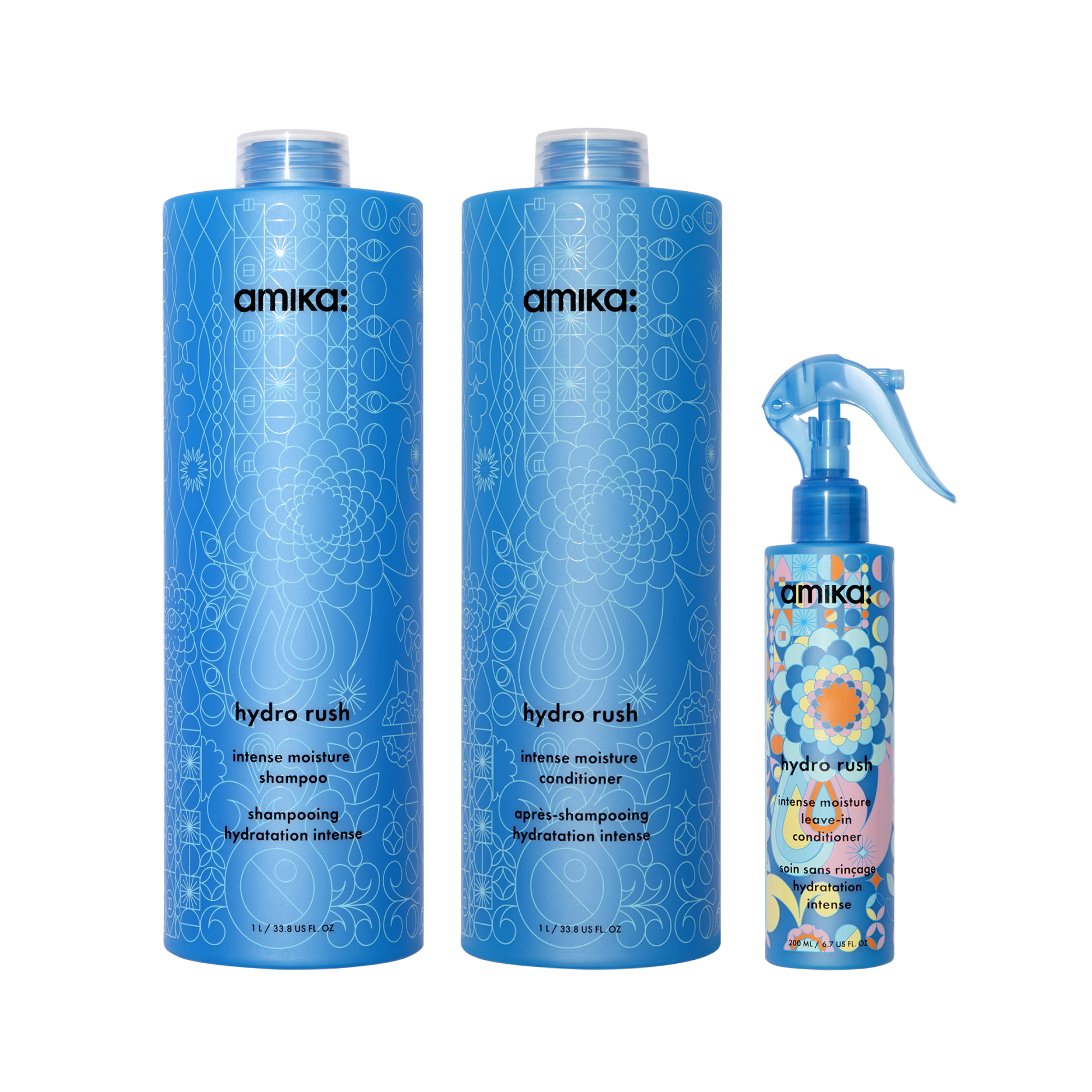 super-sized hydration set | hydro rush intense moisture shampoo, conditioner + leave-in conditioner