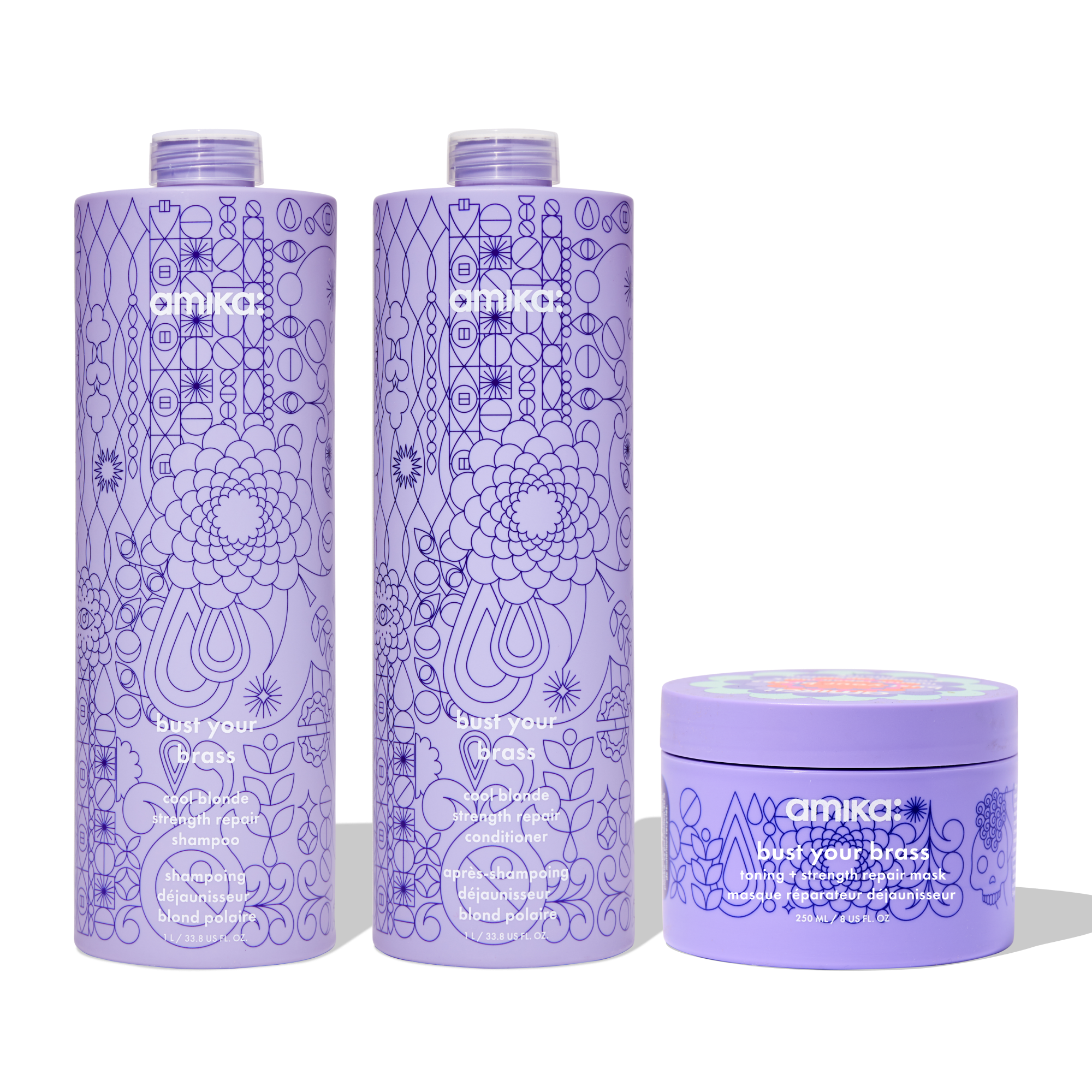 super-sized blonde set | bust your brass cool blonde shampoo + conditioner + intense repair hair mask