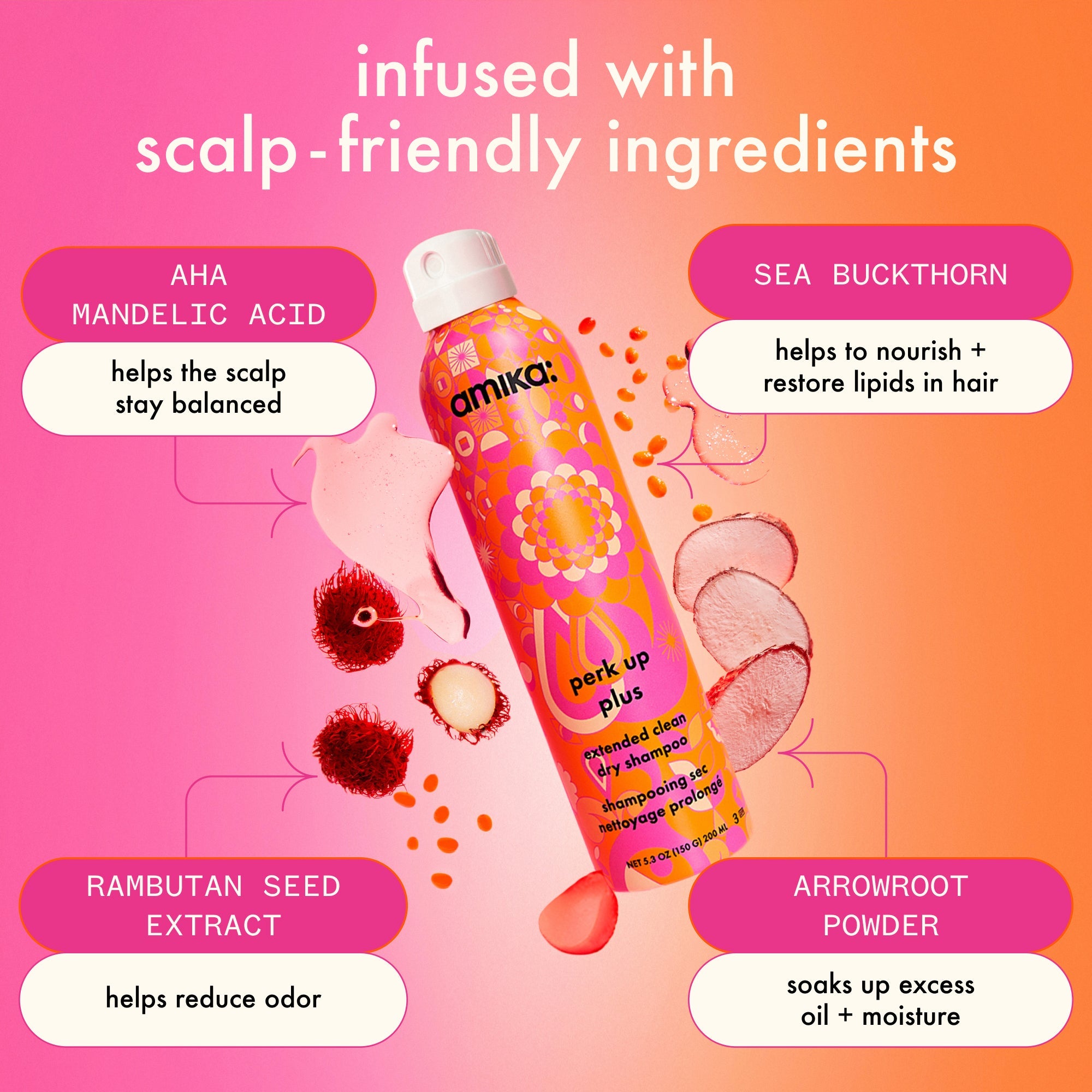 refresh, prep + mist set |  amika:aura hair + body mist, perk up plus dry shampoo, superfruit star styling oil