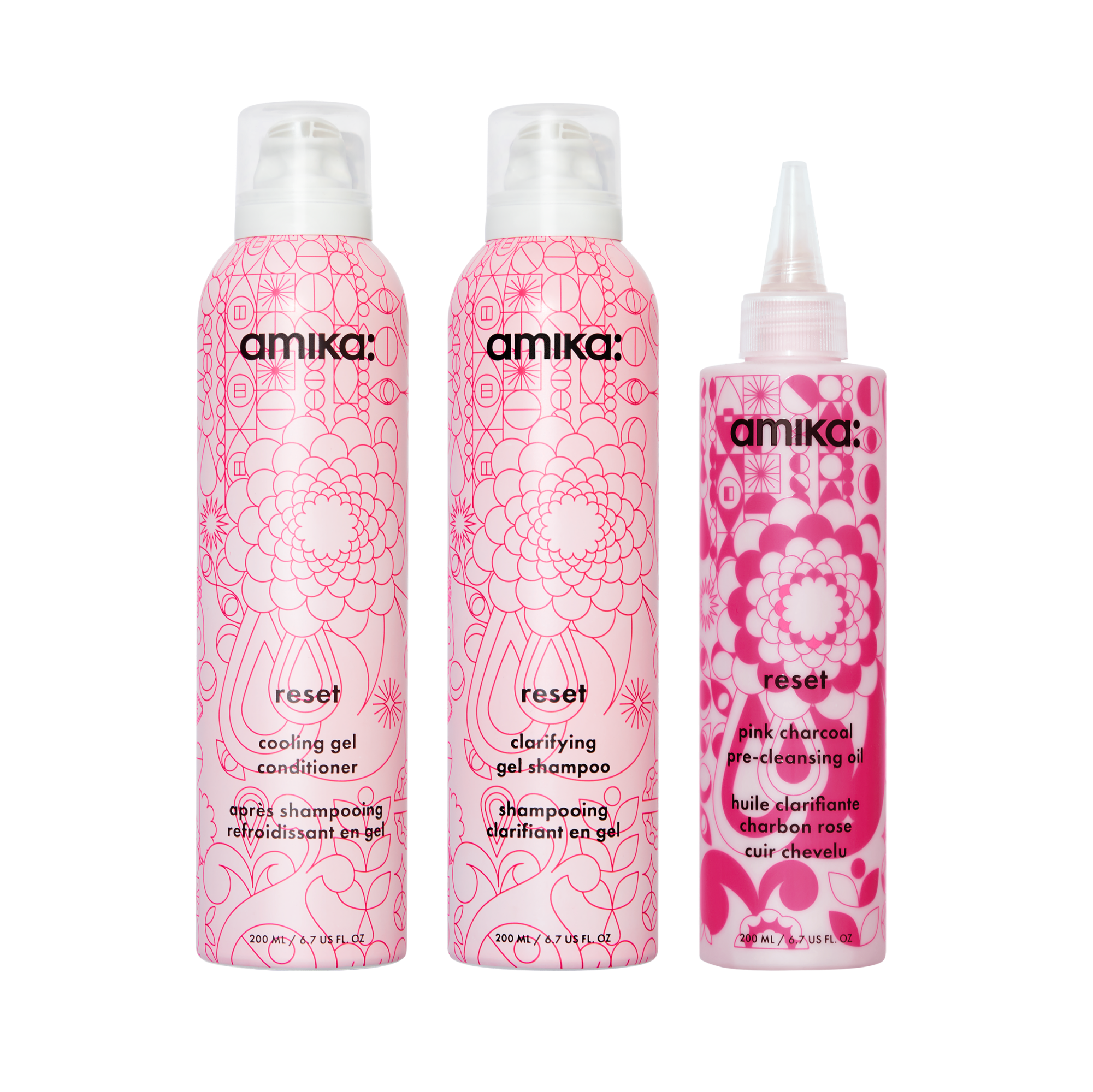detox set | reset clarifying gel shampoo, cooling gel conditioner + pink charcoal scalp cleansing oil
