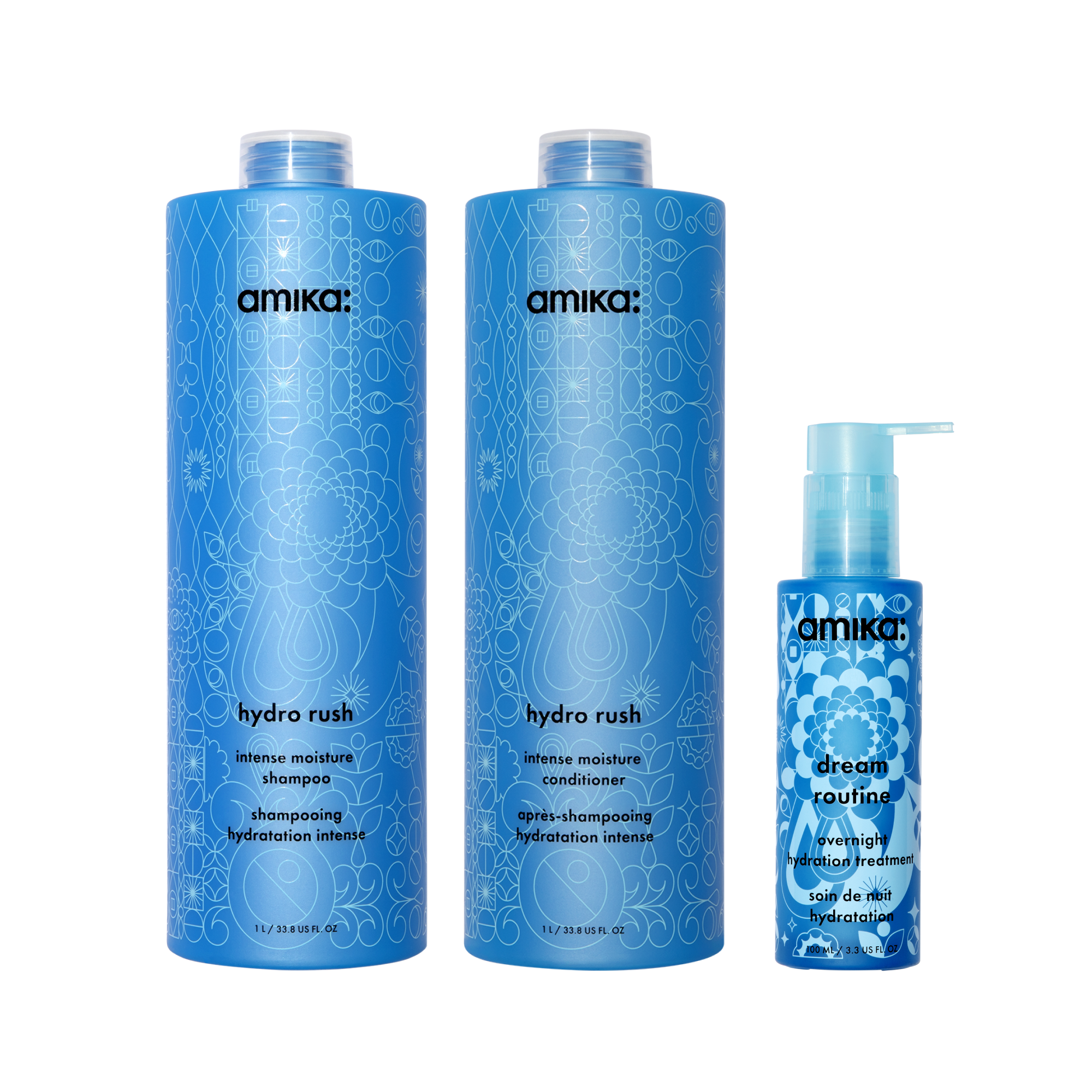 super-sized hydration set | hydro rush intense moisture shampoo + conditioner + dream routine overnight treatment
