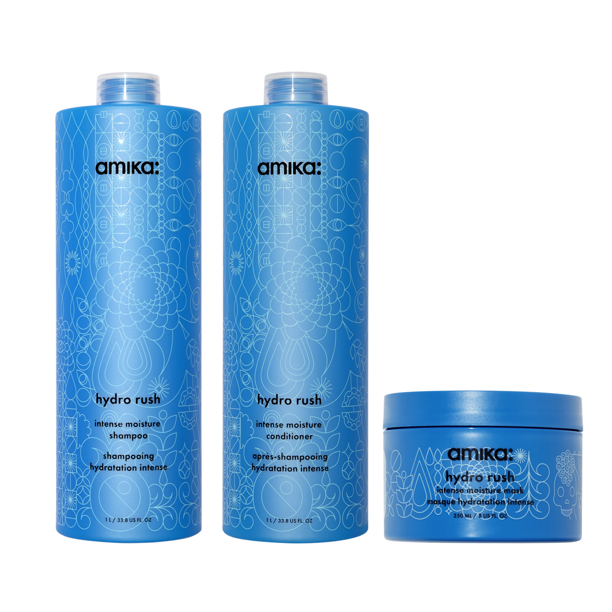 super-sized hydration set  | hydro rush intense moisture shampoo, conditioner + hair mask with hyaluronic acid