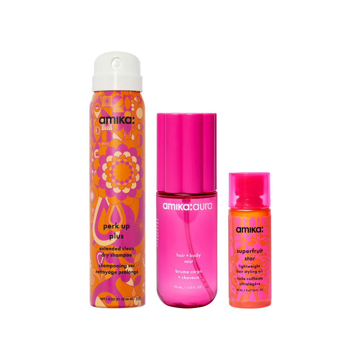 refresh, prep + mist set |  amika:aura hair + body mist, perk up plus dry shampoo, superfruit star styling oil