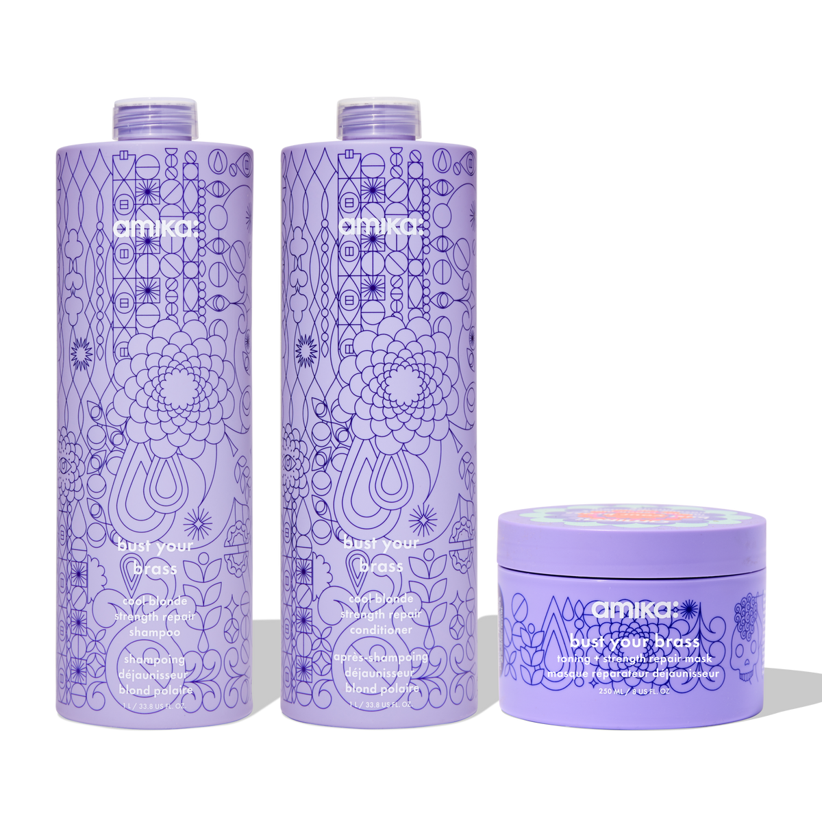 super-sized blonde set | bust your brass cool blonde shampoo + conditioner + intense repair hair mask